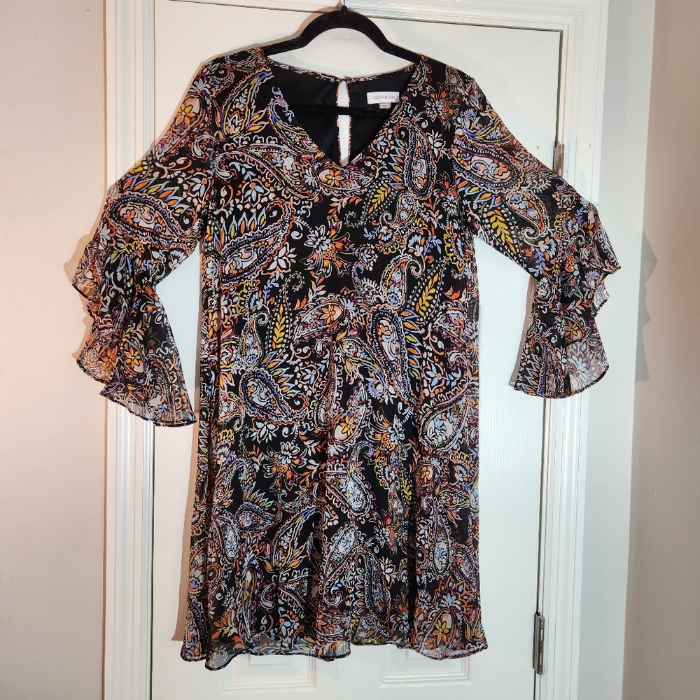 Calvin Klein Paisley Dress with Ruffle Sleeves Sz 6